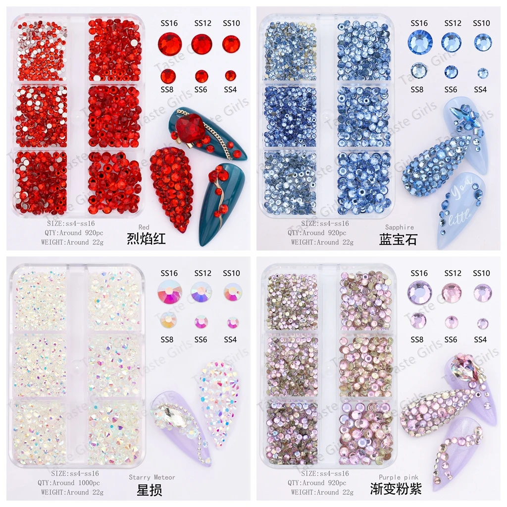 900PCS Mix SS4-SS16 AB Clear Red Pink Sapphire Flatback Diamonds Crystal Nail Art Rhinestones Jewelry Decoration Manicure Charms