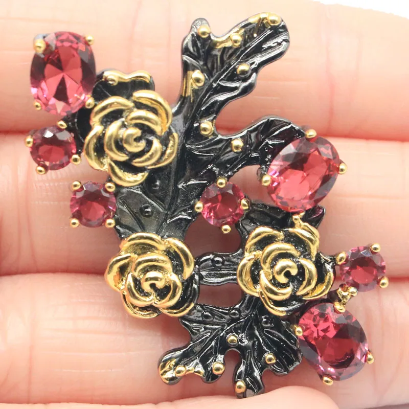 

51x31mm Neo-Gothic 18.3g Pink Raspberry Rhodolite Garnet Iolite Sky Blue Topaz Kunzite Women Black Gold Silver Pendant