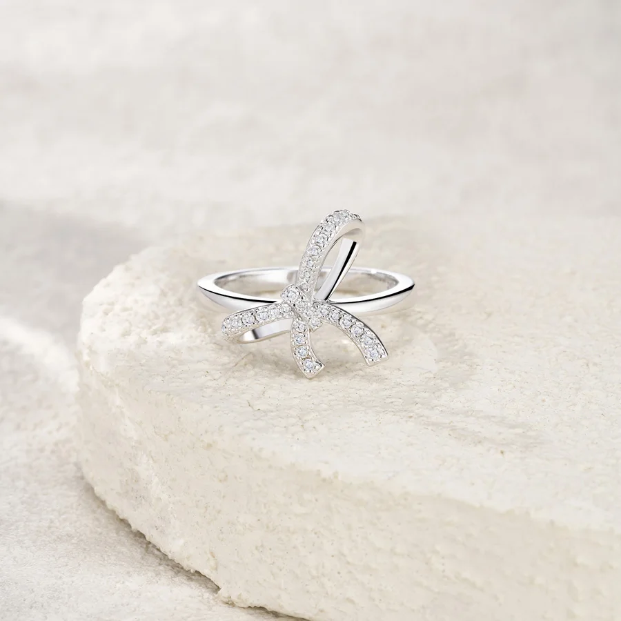 JIUZUAN Bowknot تصميم خاتم S925 الفضة 18K مطلية بالذهب مطعمة الزركون تألق النهاية لارتداء اليومي هدية خاتم مجوهرات أنيق #4