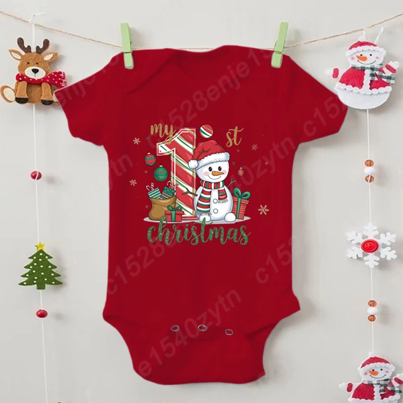 Adorable My 1st Christmas Snowman Print Infant Bodysuit, Short Sleeve Jumpsuit For Baby Boys Girls, Perfect Casual Everyday Wear