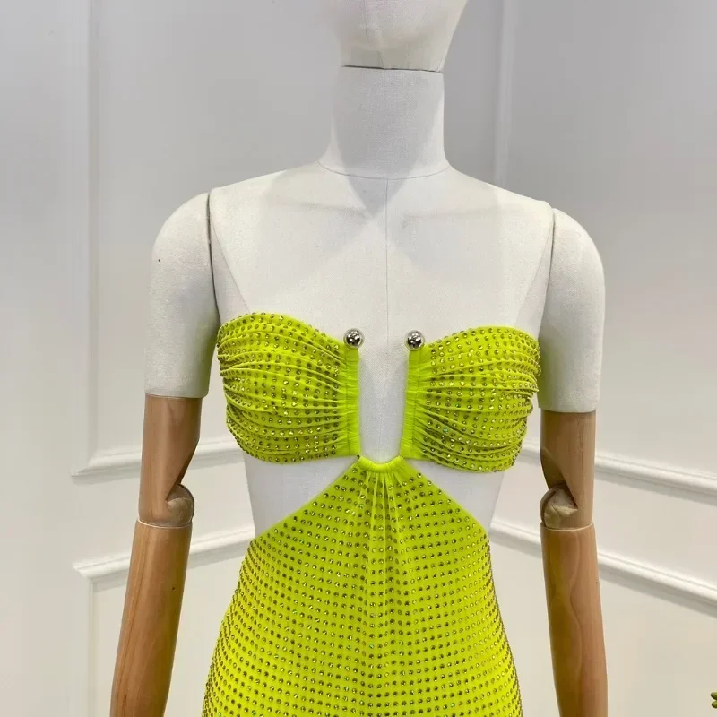 Diamonds Green Vintage New 2023 Summer Sexy Cut Out Luxury Sleeveless Lace-up Woman Midi Camisole Dress for Party