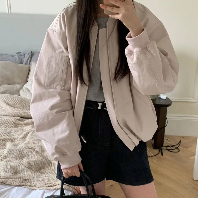 

Korean Sle Loose Fit Collarl Baseball Jaet Outerwear Versatile mat Design Ladies' ort Coat Zipper Closure