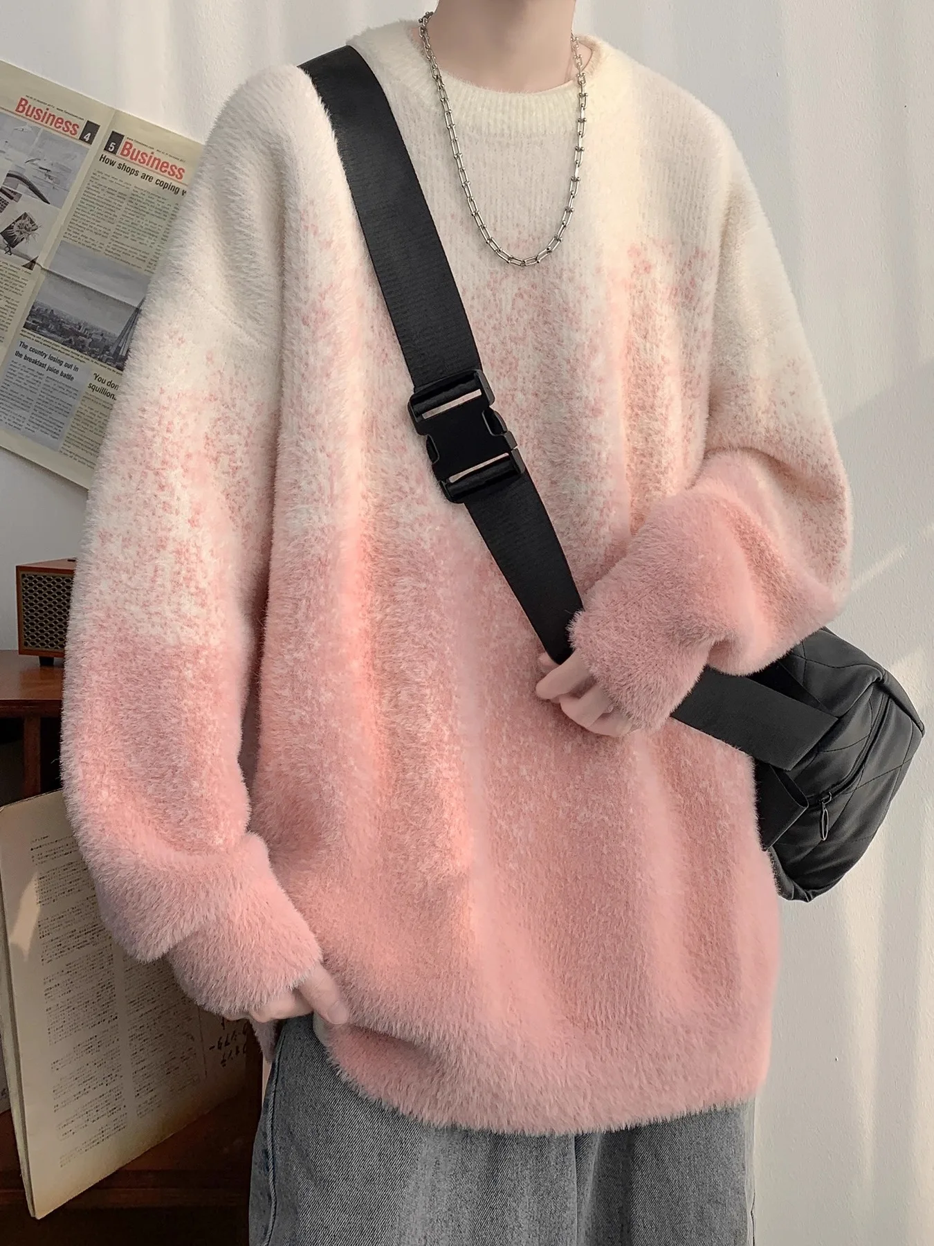 

Мужской утепленный вязаный свитер с флисовой подкладкой, градиентный розовый, зимний, новый, свободный крой, мягкий, из полиэфирного волокна, повседневный