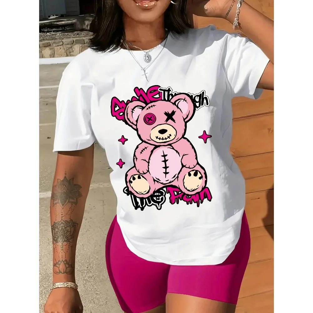 

Женская футболка с принтом медведя в стиле Харадзюку, повседневная женская футболка с коротким рукавом, уличные топы, эстетичная одежда, уличная одежда Y2K