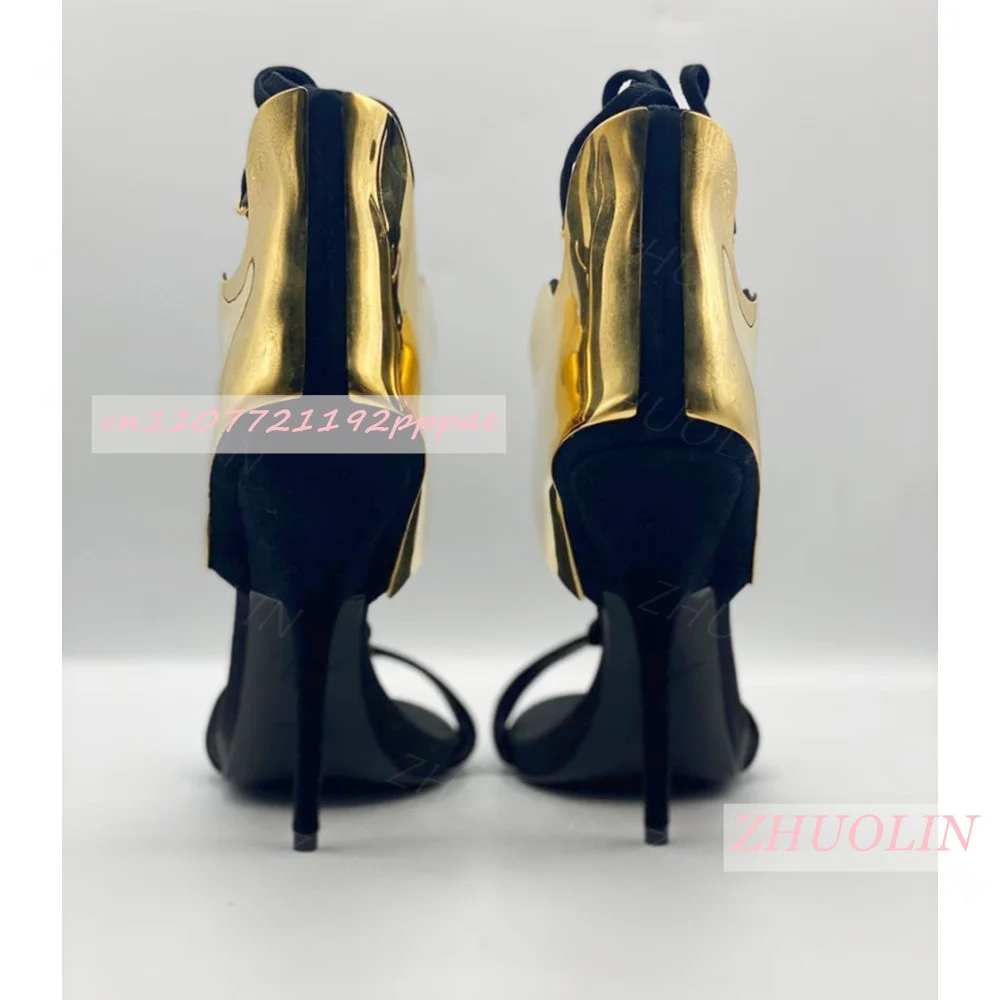 Gold Metal Decoration Open Toe Lace Up Sandals Stiletto High Heel Suede Ankle Tie Women Club Night Party Elegant Dress Heels 46 view 5