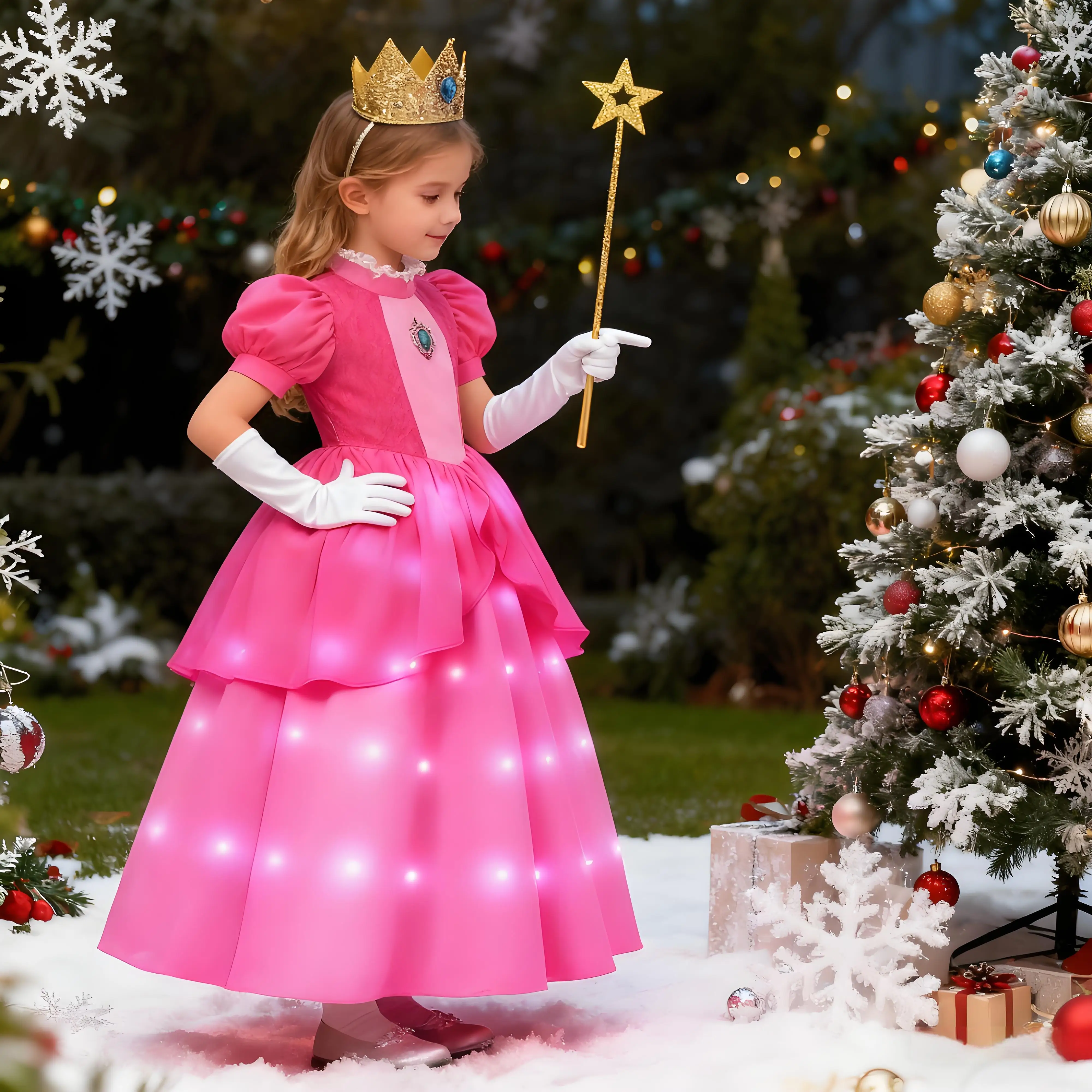 

Girl Rose Pink LED Light Dresses Christmas Cosplay Game Movie Princess Peach Dress Birthday Carnival Outfit Clothes 2-10T