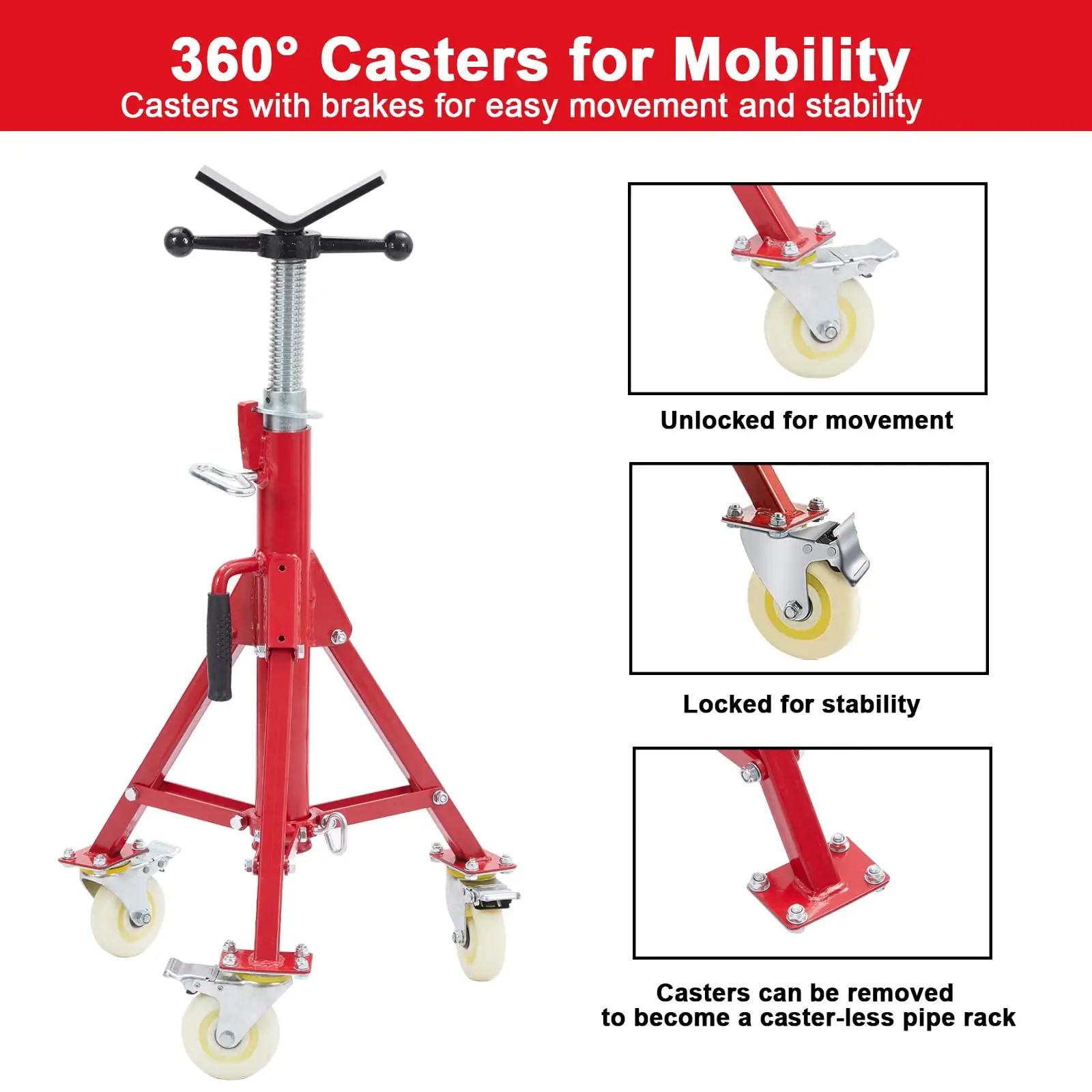 حامل الأنابيب، حامل مقبس الأنابيب مع عجلات 28-52 بوصة ارتفاع قابل للتعديل على شكل حرف V قابل للطي محمول بسعة تحميل 1100 رطلًا من 1/8 إلى 12 بوصة