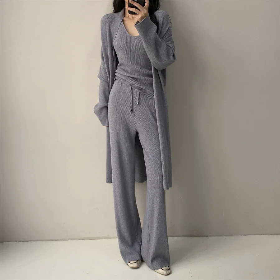 2024 winter warm thicken knitted 3 pieces sets for women clothing korean casual v neck vest+knitted cardigans+wide leg pant sets