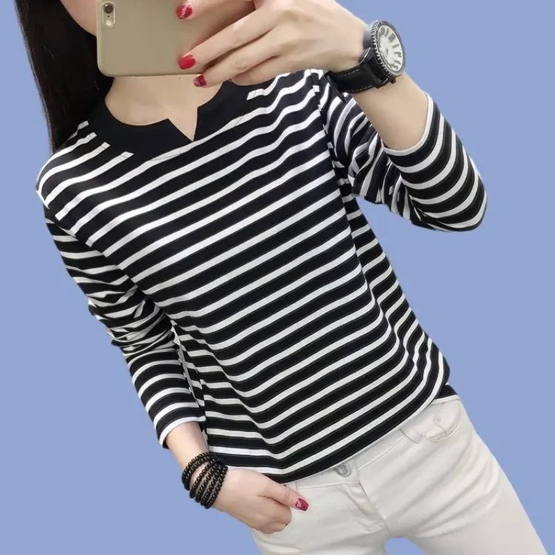 Women Notch Collar Black White Striped Long Sleeve T Shirt Casual Slim Basic Daily Blouse