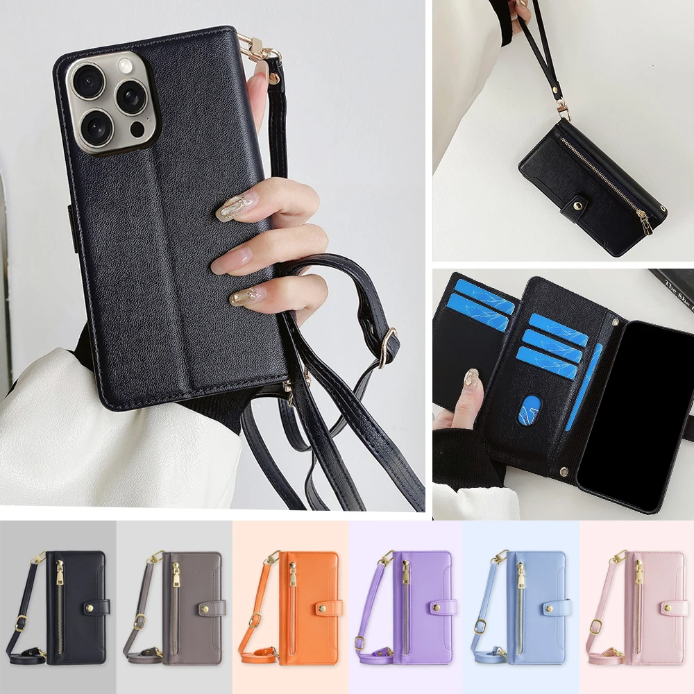 

Модный кожаный чехол-книжка с металлической пряжкой для iPhone 16 Plus 16 Pro Max, сумка для телефона, чехол через плечо с длинным и коротким ремешком