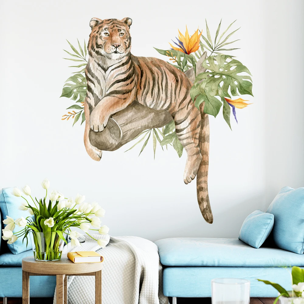 Watercolor Tiger on tree Wall Stickers for Bedroom Living Room Decoration Flowers Leaf DIY Wall Decals Remvoable PVC Art Murals