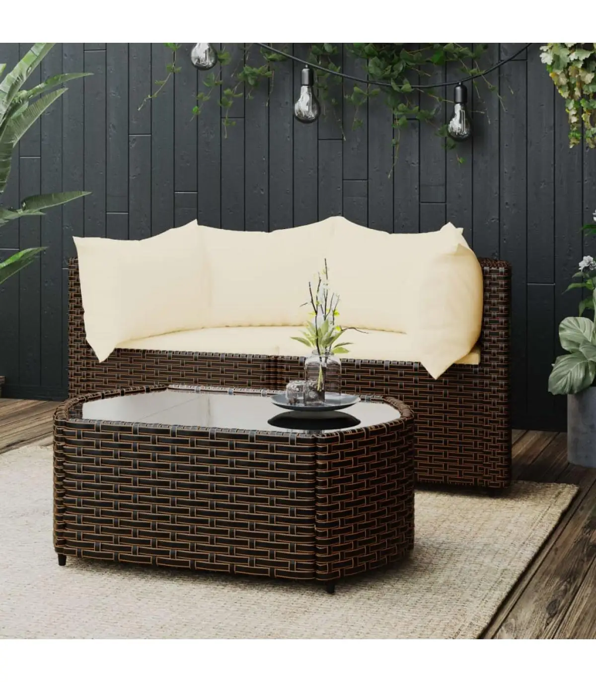 Outdoor sofas Set garden furniture 3 pieces and cushions synthetic brown rattan