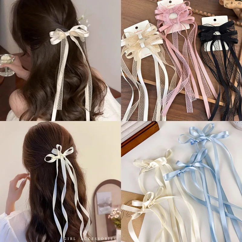 Barrette à cheveux vintage avec grand nœud en satin, tendance, avec long ruban, accessoire de coiffure pour femme et fille, pour cheveux tressés
