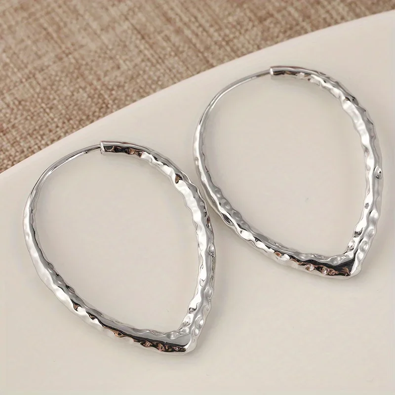 Simple Oval Silver Color Hoop Earrings For Women Water Drop Shape Metal Irregular Hammered Earrings Ear Jewelry Accessories