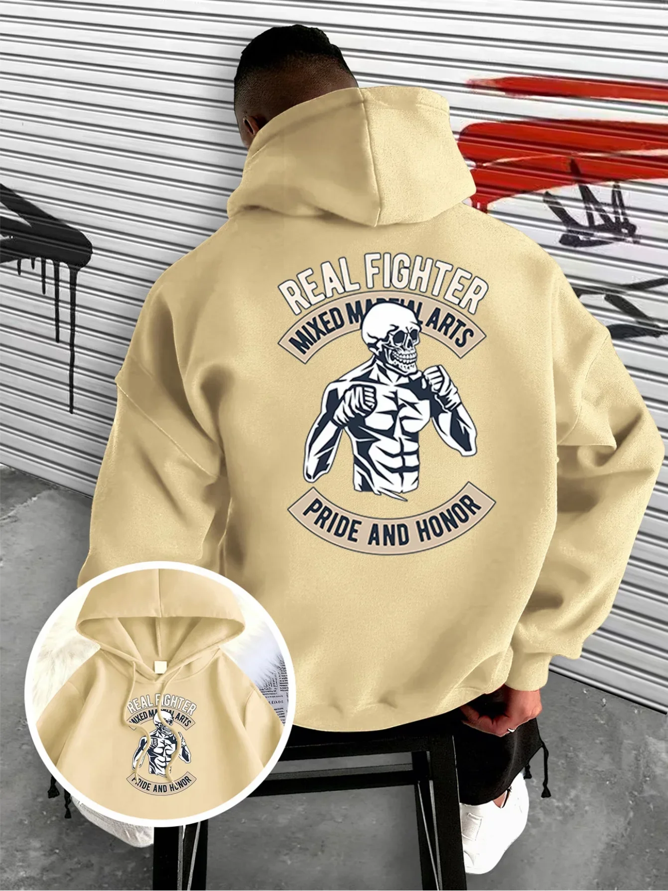 Men Graphic Hoodies Real Fighter Print Sweatshirt Retro MMA Skull Graphic Harajuku Loose Casual Fall Winter Hooded Pullovers