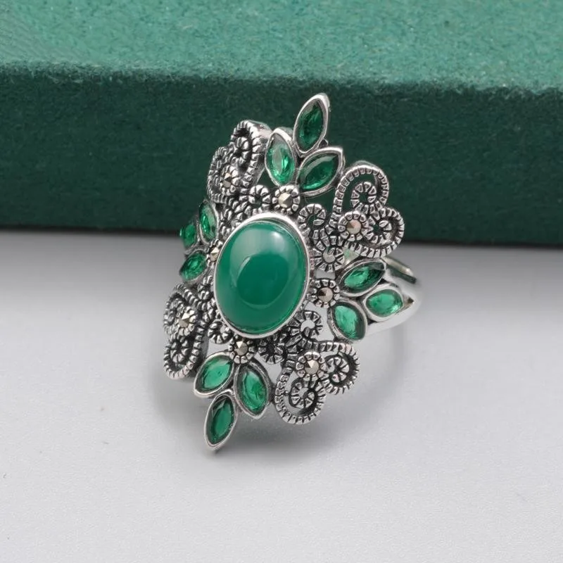 New In Silver 925 Peacock Crystal Flower Natural chalcedony Green rings for women Hollow Retro Style Ring Wedding Jewelry Gift