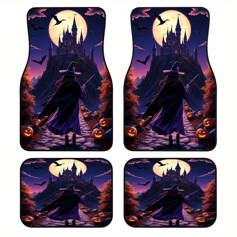 Set Of 4 Attractive Car Floor Mats Featuring A Witch And Moon Design, Made To Last And Easy To Maintain, Fitting Most Sedans, Su