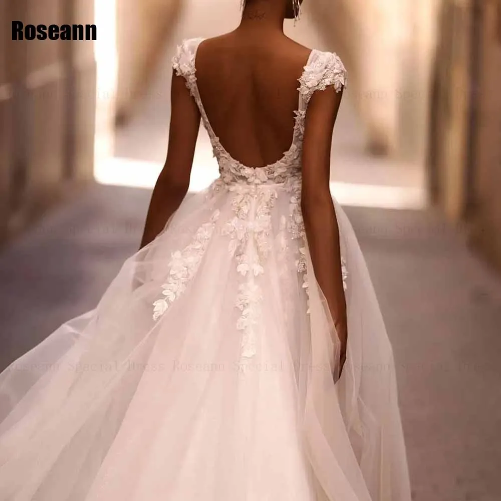 Robe de Mariée Trapèze en Tulle, Col en V, Dos Ouvert, Appliques, Longueur au Sol, Nouvelle Collection 2024