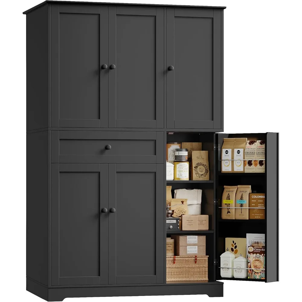 

68 Inch Tall Freestanding Kitchen Pantry Cabinet with Doors Shelves and Large Storage Drawer Black