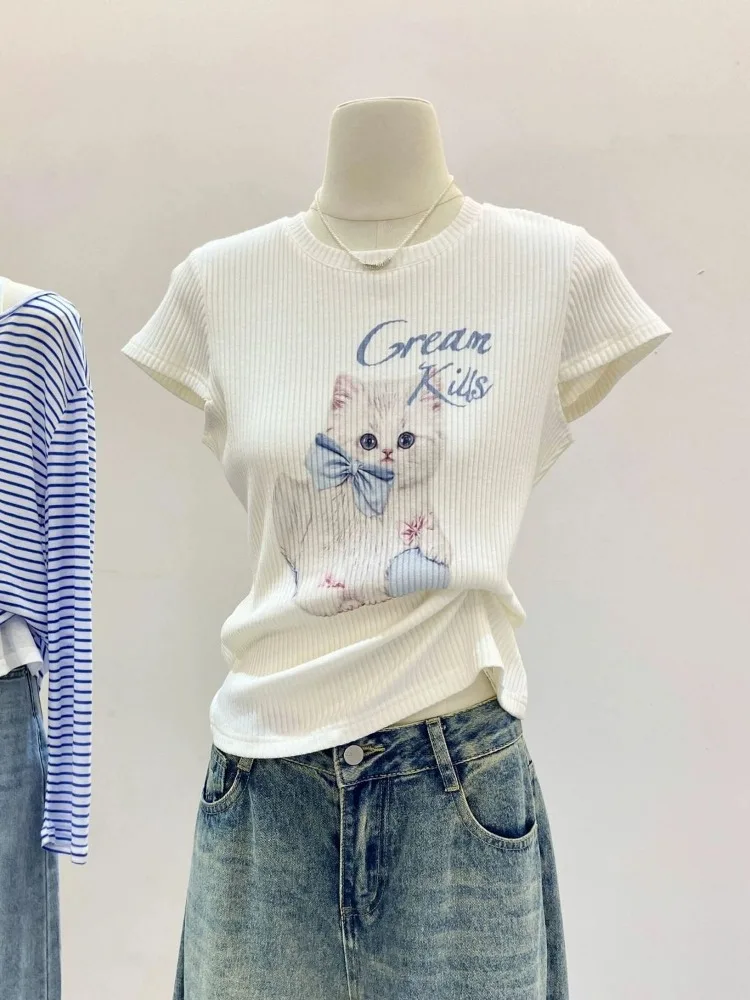 Sweet Soft Cat Print T-shirt Summer Short-sleeved Top Slim Womens Y2k Tshirt Kawaii Shirts Cartoon Kawaii Aesthetic Shirts Trend