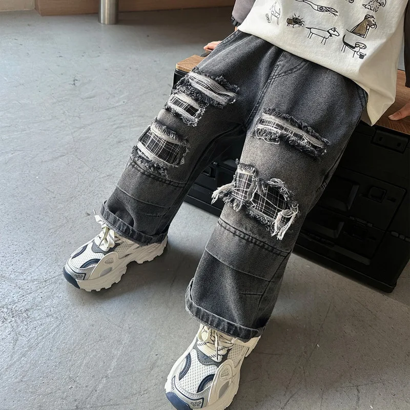 Fashion Boys Jeans Baby Boys Clothes Straight Pants Casual Loose Children Denim Pants Boy Ripped Hole Trousers 2-10 Years