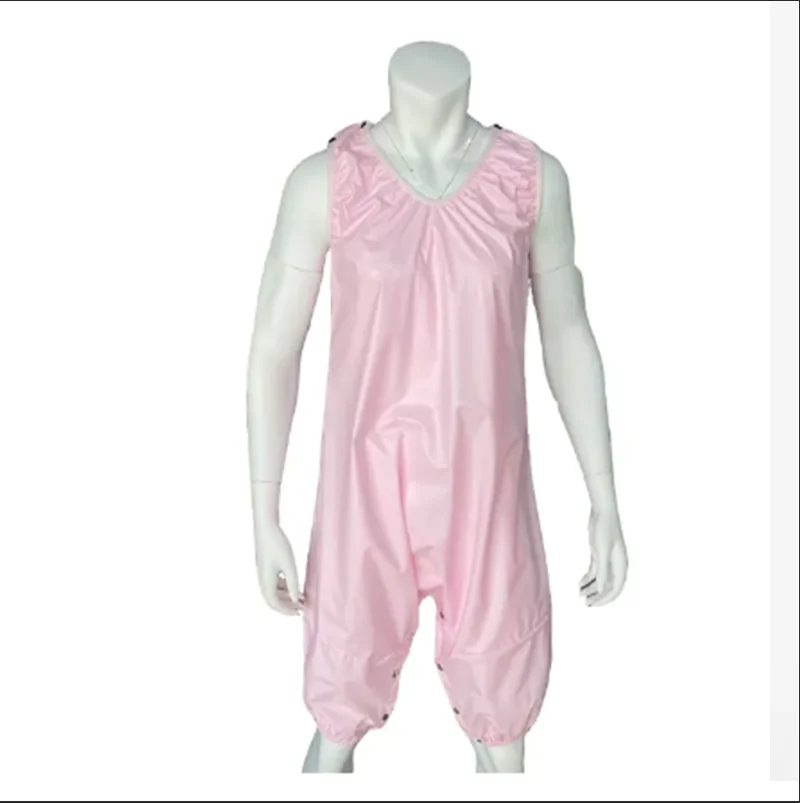 

French Sexy Adult Customized Fetishist Crossdresser Sissy Pink PVC Sleeveless Wide Shoulder Strap Pants Short Bodysuit