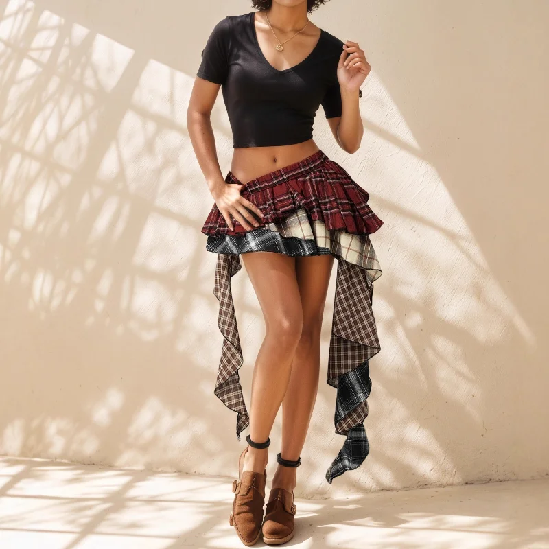 Retro Short Skirt Plaid Multi-color Matching Irregular Short Skirt British College Color Matching Multi-layer Short Skirt Women