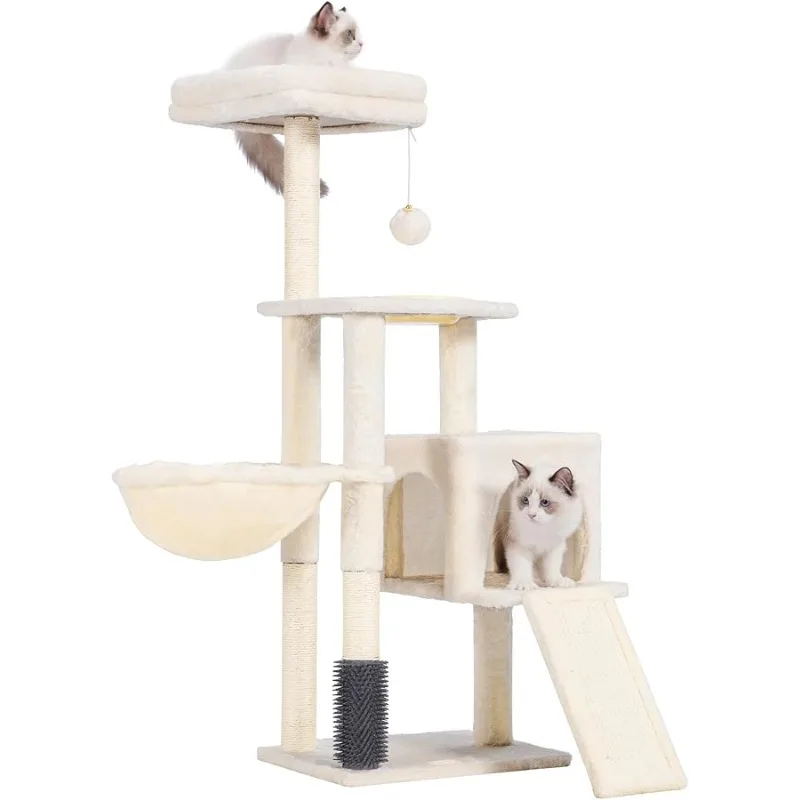 

Heybly Cat Tree with Self Groomer Brush, Tower Condo for Indoor Cats with Padded Plush Perch, House with Basket Scra