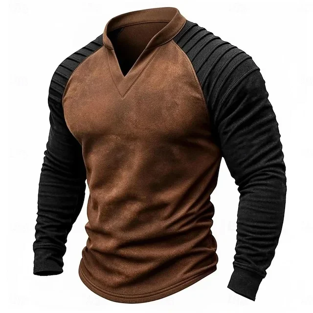 2026 Autumn Winter Men V-Neck T-Shirts Fashion Patchwork Long Sleeve Casual Tshirt Male Sports Pullover Tees Streetwear Tops