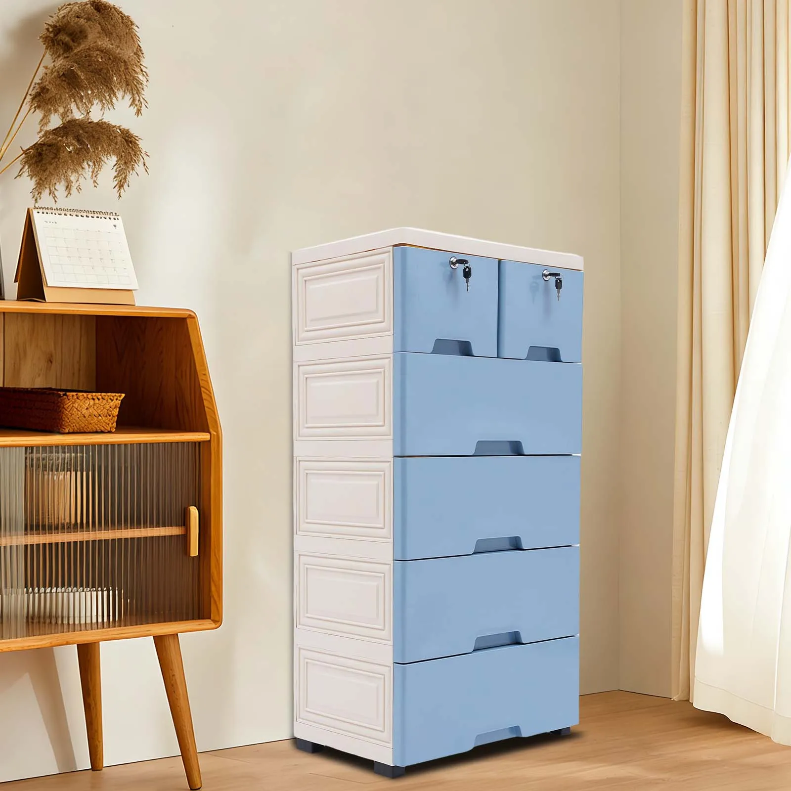 

Plastic Drawers Dresser, 5 Tier Storage Box with 6 Drawers 50x35x102cm, Blue Mobile Organizer, Durable PP Material Holds 88kg
