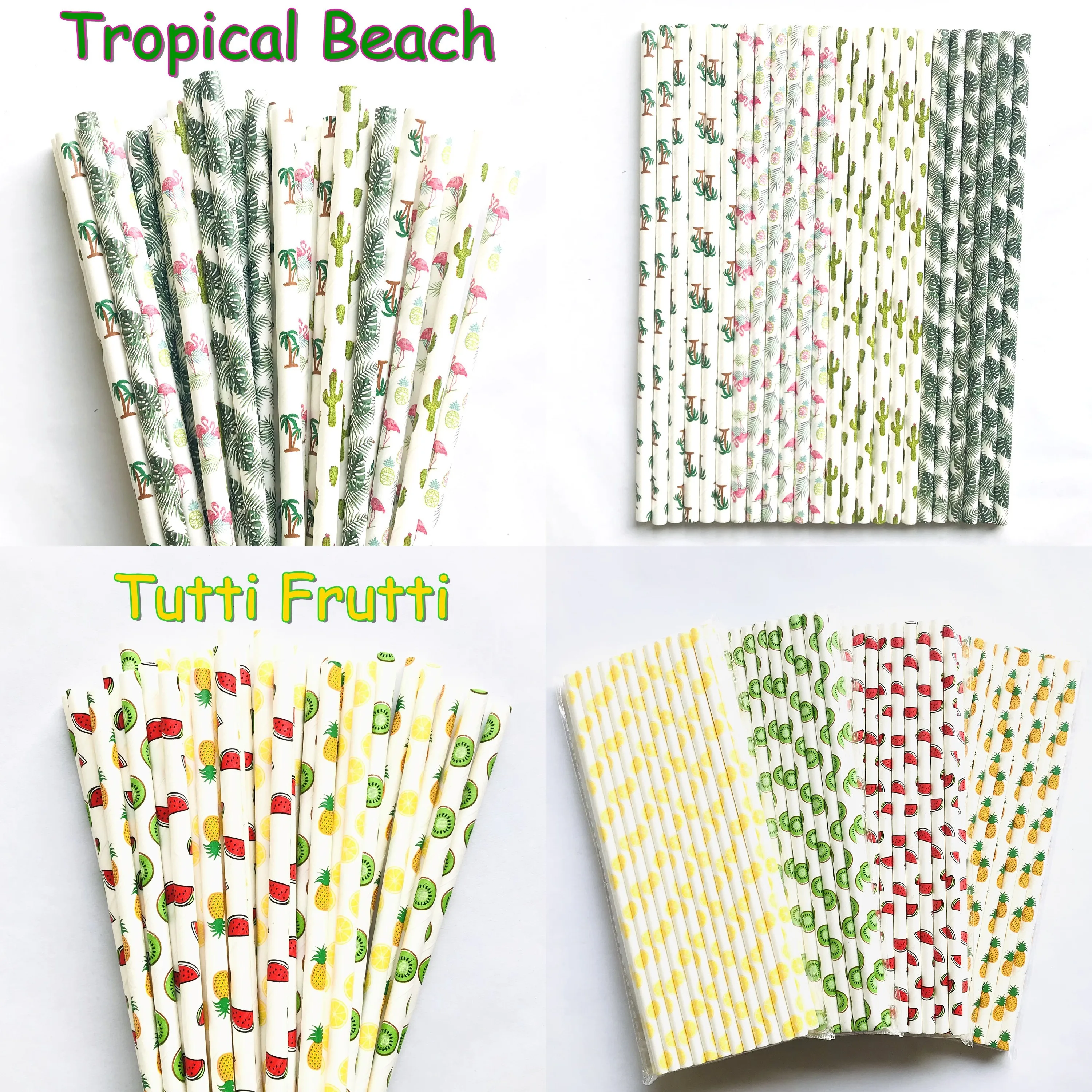 200 Pcs Mixed Tropical Beach Paper Straws-Flamingo Palm Coconut Cactus Nautical Anchor Sailing Pink Fruit Summer Party Sea Pool