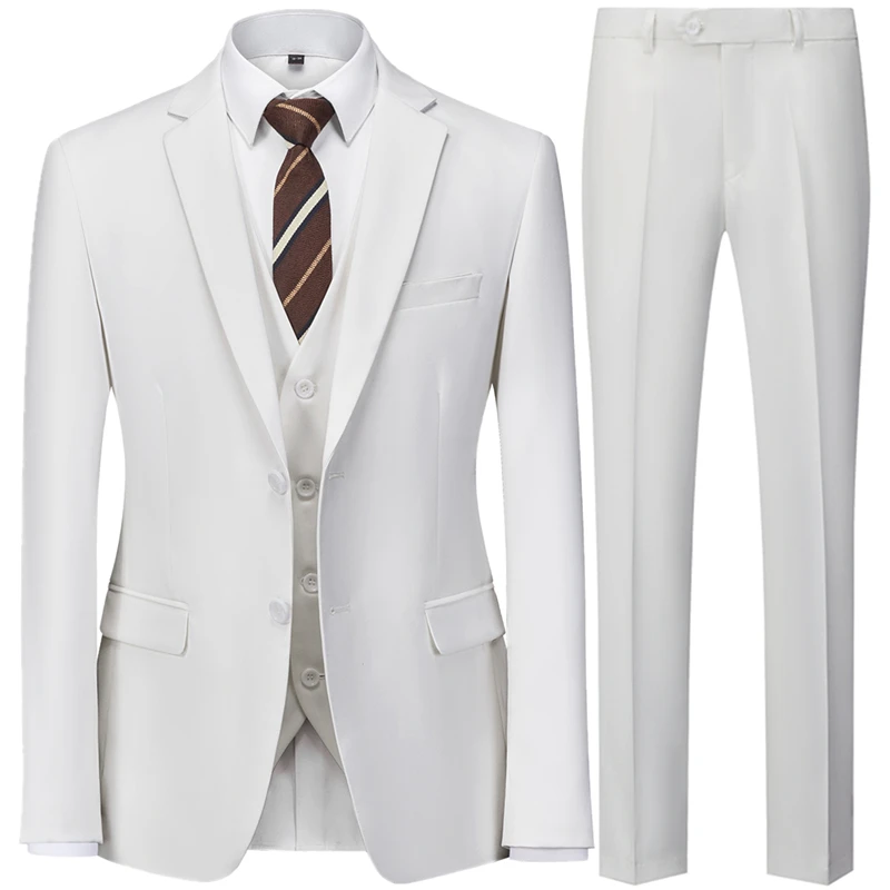 2023 Fashion Men\'s Wedding Solid Color Casual Business Suit 3 Pieces Set / Male Two Button Blazers Trousers Pants Vest Waistcoat