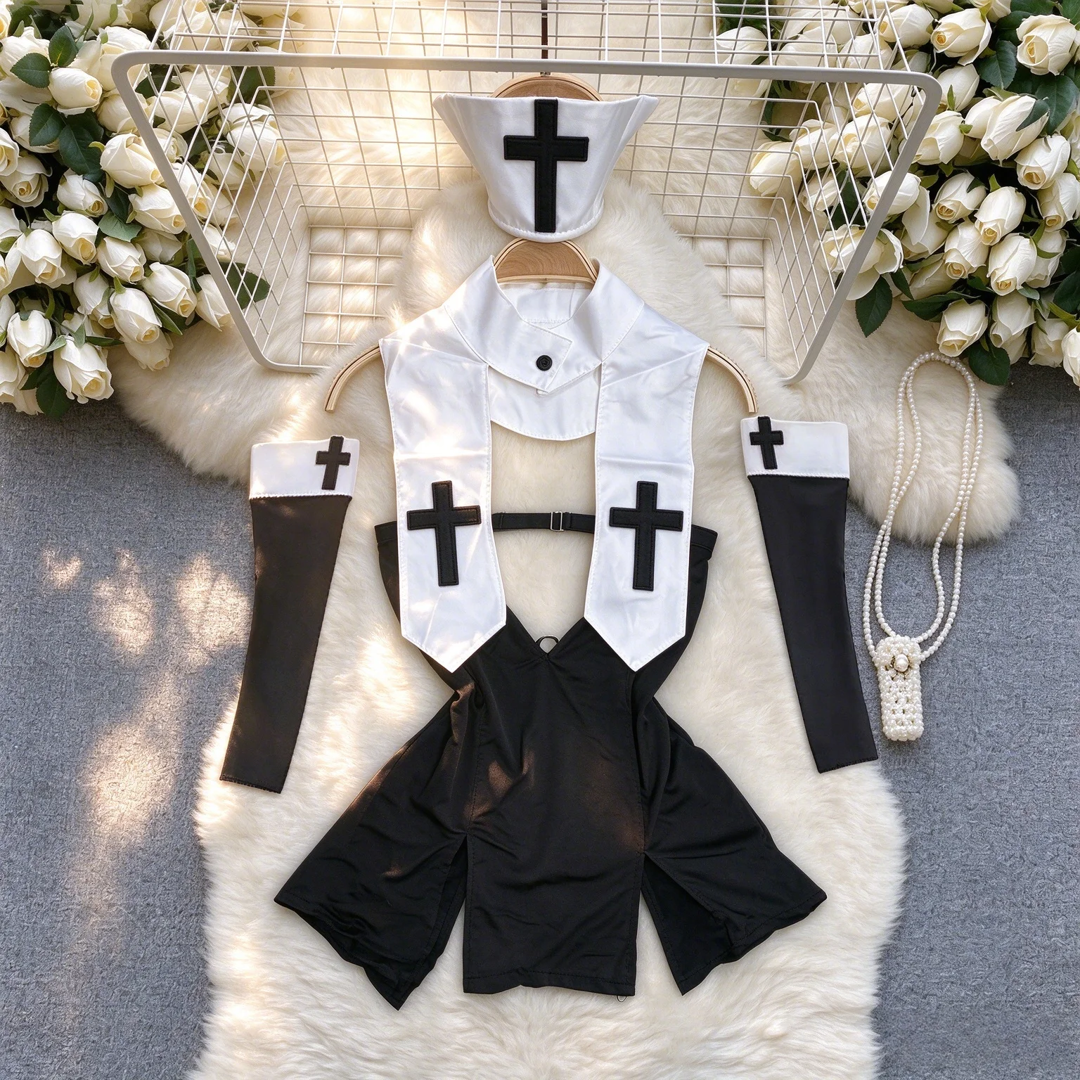 Women Hotsweet Sexy Nun Cosplay Lingerie Dress Set Strapless Mini Dress With Hat Arm Sleeves Party Maid Outfit Women Dress Suit