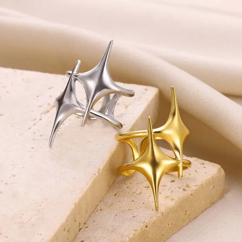 Stainless Steel Star Open Rings For Women Men Vintage Punk Gold Color Geometric Hollow Adjustable Couple Rings Y2K Jewelry Gift