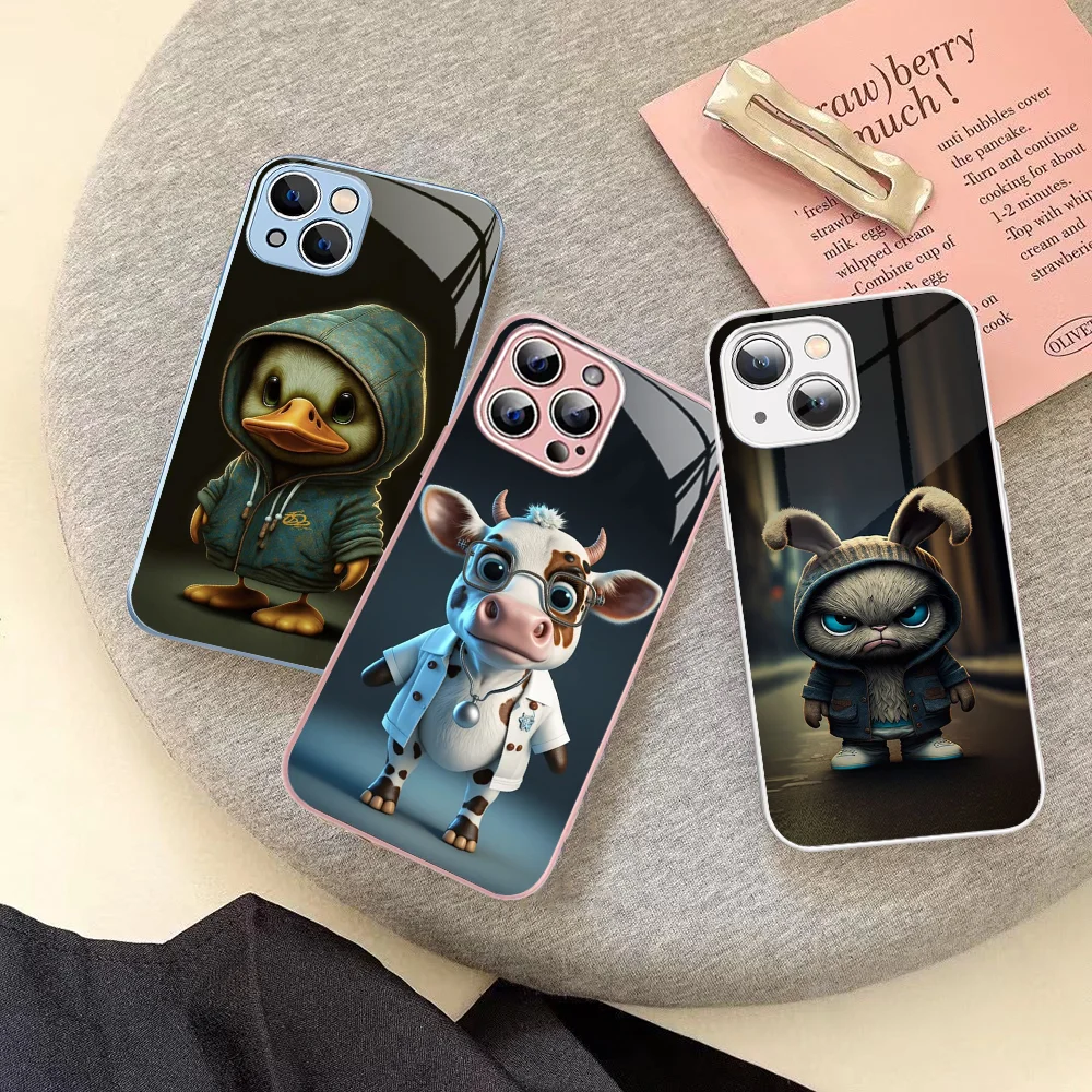 

Monkey Frog Pig Cow Bird Cat Animal Phone Case Tempered Glass For Iphone 14 13 12 11 Pro Mini XS MAX 14Plus X XS XR Cover