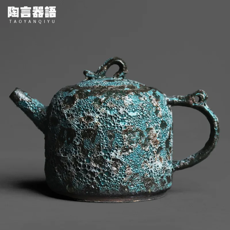 

Vintage Bronze Glaze Bell Music Handheld Teapot Rock Mine Pottery Material Wormhole Texture Zen Tea Single Pot Small Coffee Wine