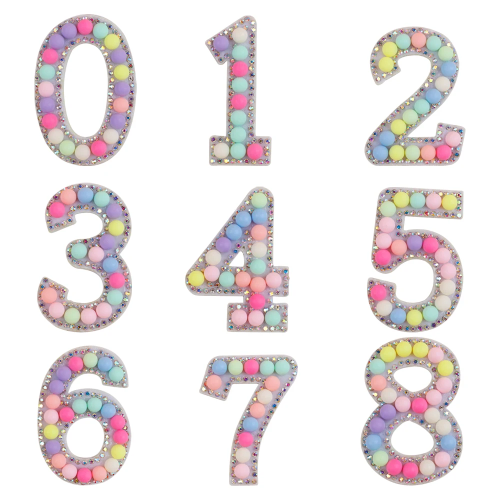 3Types 0-9 3D Pearl Number Iron On Rhinestone Patch Cloth Sticker For Hat Coat Shoes Decoration L0214