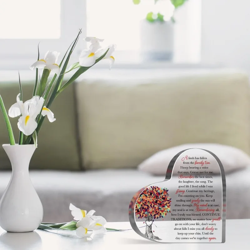Memorial Heart-Shaped Acrylic Plaque: Condolence Gift for Loss of Loved One, Sympathy Decor with Warm Words
