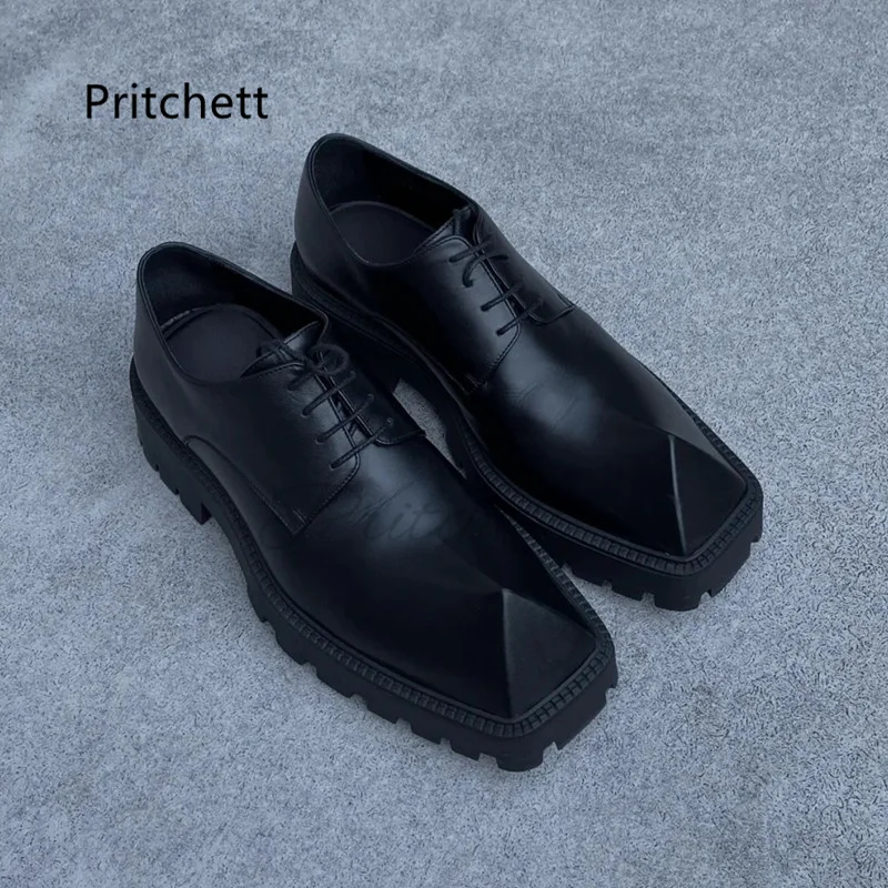 Rhino Horn Thick Bottom Small Leather Shoes for Women British Style Retro Single Shoes Black Lace Up Men\'s Neutral Derby Shoes