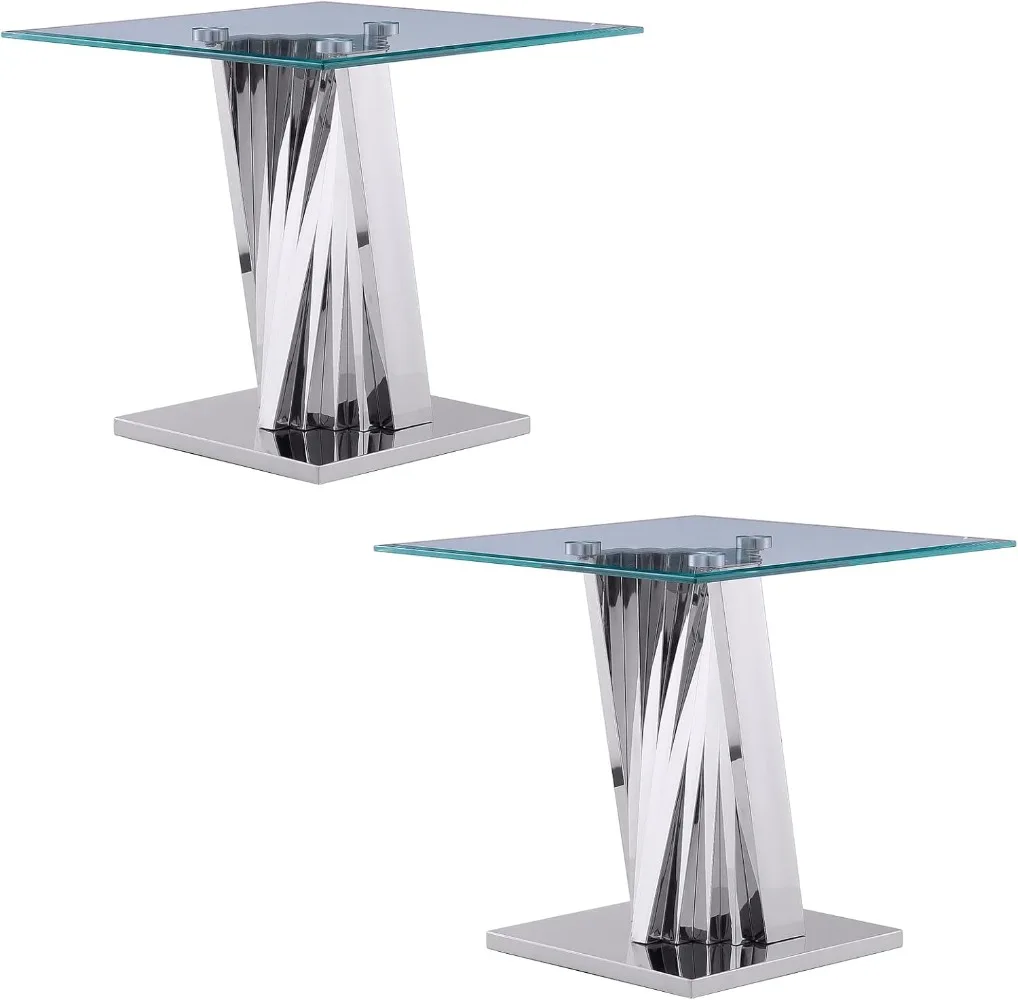 End Table Set of 2, 24 Inch Modern Falcone End Table with Clear Glass Top, Living Room Side Table with Silver Polished Stainless