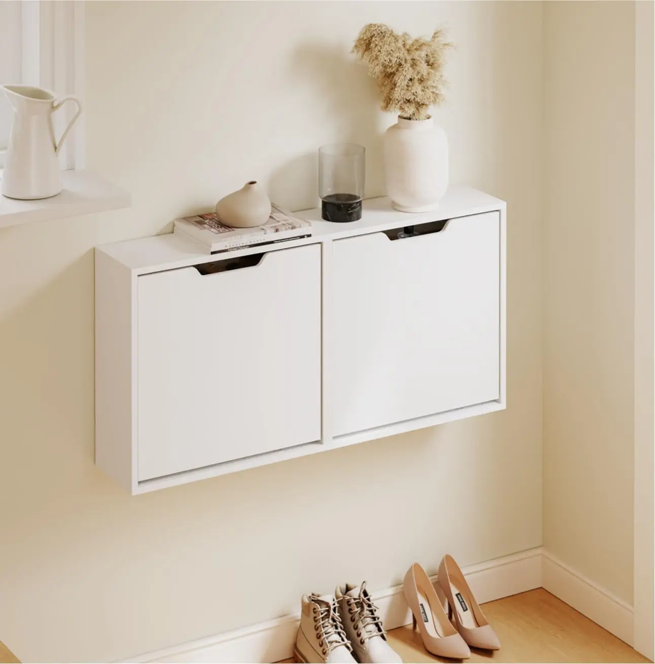 Wall Mounted Slim Shoe Cabinet with 2 Flip Drawers, Hidden Storage Organizer, Vertical or Horizontal Mounting, Anti-Tip Design