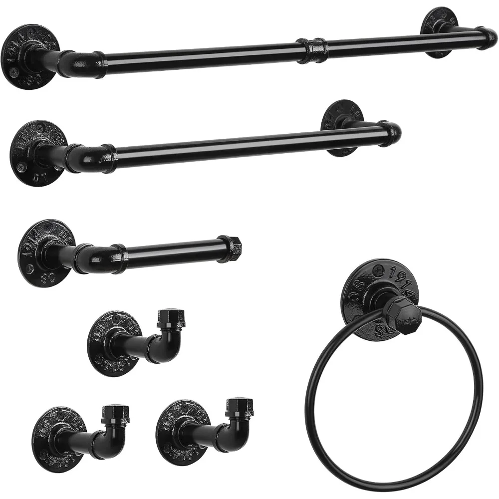 

7-Piece Industrial Towel Bar Set with Paper Rack, Wall Mount Holder, Toilet Paper Holder, and Robe Hanger for Farmhouse Bathroom
