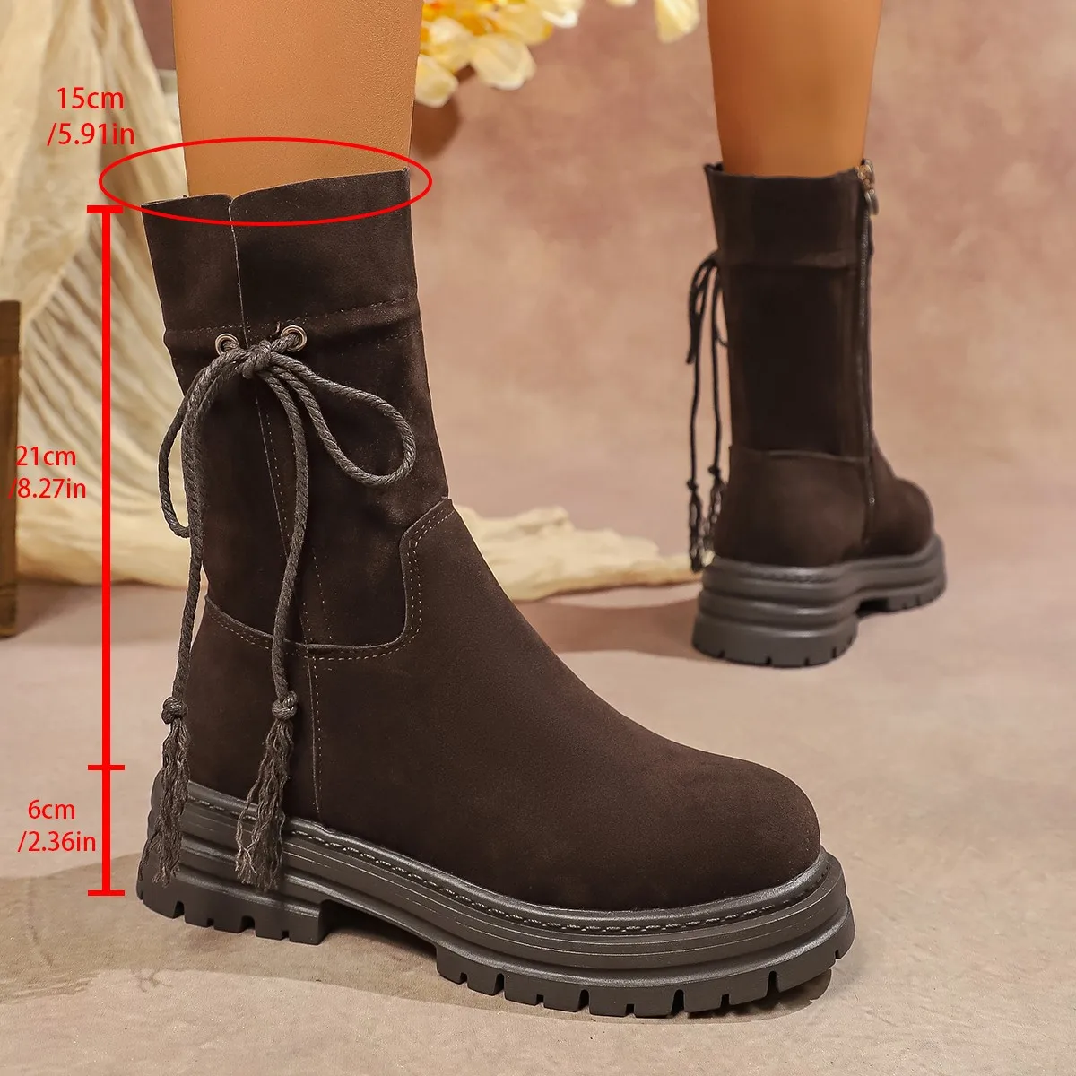 Winter Non-slip chunky-square-heel round head Lace-Up side zipper Mid boots Fashion outdoor knight boots Western Botas Mujer