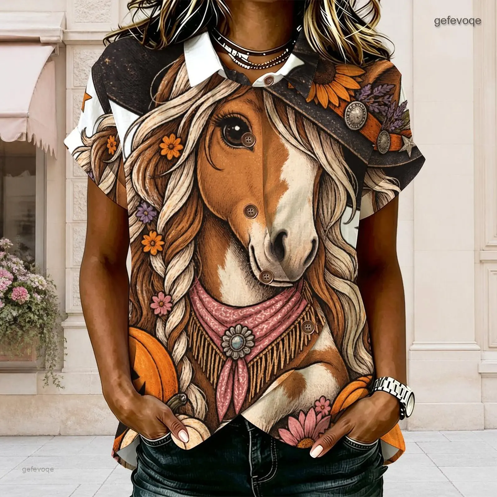 Women Cartoon Duck Print Collared Short Sleeve Button Front Shirt