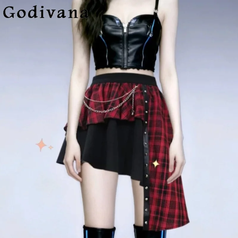 

New Irregular Punk Sexy Girl Plaid Splicing Subculture Short Skirt Fashion High Waist A-line Versatile Chain Gothic Skirts