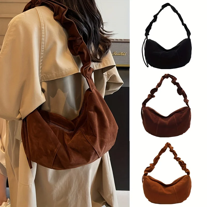 

Faux Suede Hobo Shoulder Bag Women Hobo Tote Handbag with Zip Closure Polyester Lining Hand Washable Winter Girls Bag for Travel