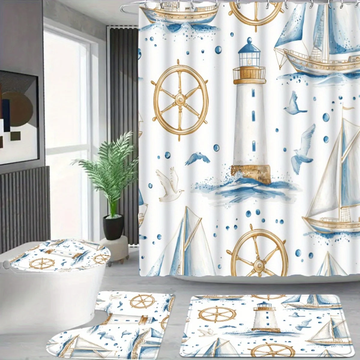 4pc Nautical Themed Bathroom Set - Four Pieces: Shower Curtain, Rug, Toilet Seat, U-Shaped Mattress