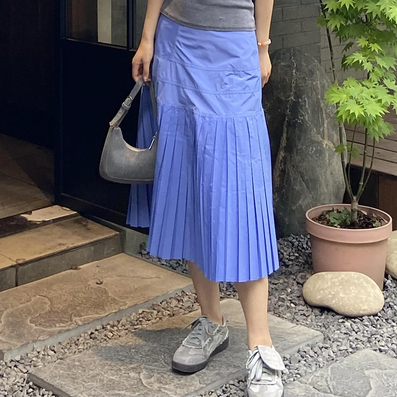 PBAP Blue Women's Pleated Skirt A-line Patchwork Thin Flowy High Waist Slim Fit and Flare Midi Long Skirt Korean Casual Clothes