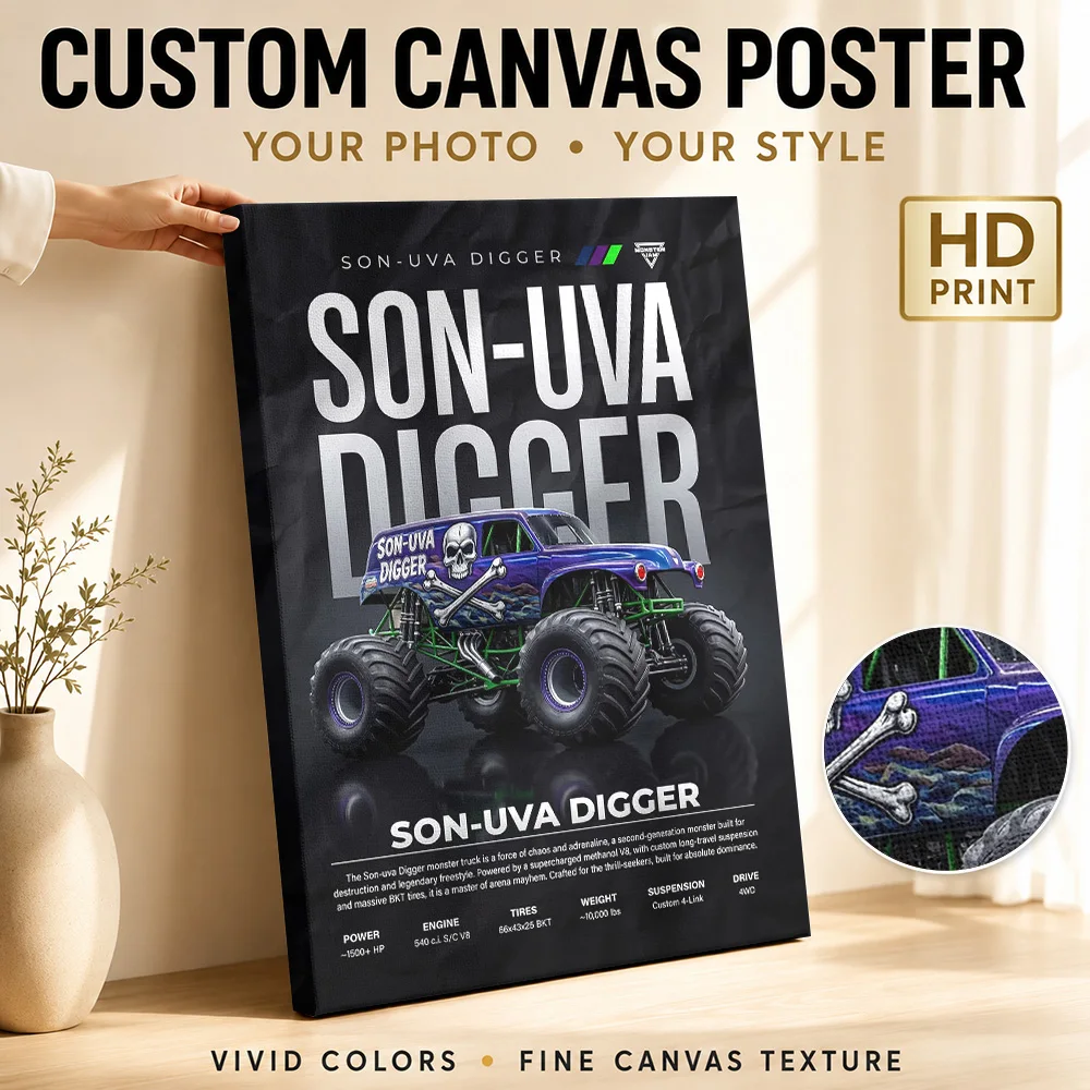 Dynamic Son Uva Digger Monster Truck Canvas Painting Poster Custom Gothic Horror Wall Art for Home Theater Decor Ready to Hang