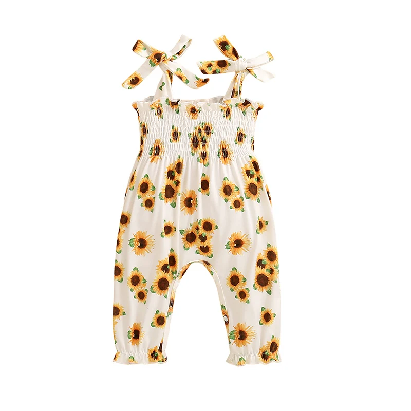 

Baby Girls Jumpsuit Sleeveless Tie-up Pleated Sunflower Print Casual Romper Clothes